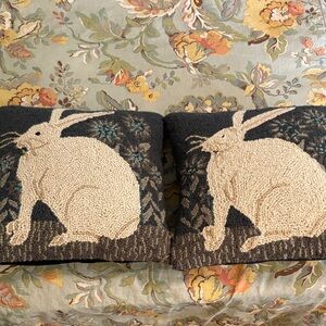 Handhooked Rabbit Pillow Covere Pair in Cream and Black